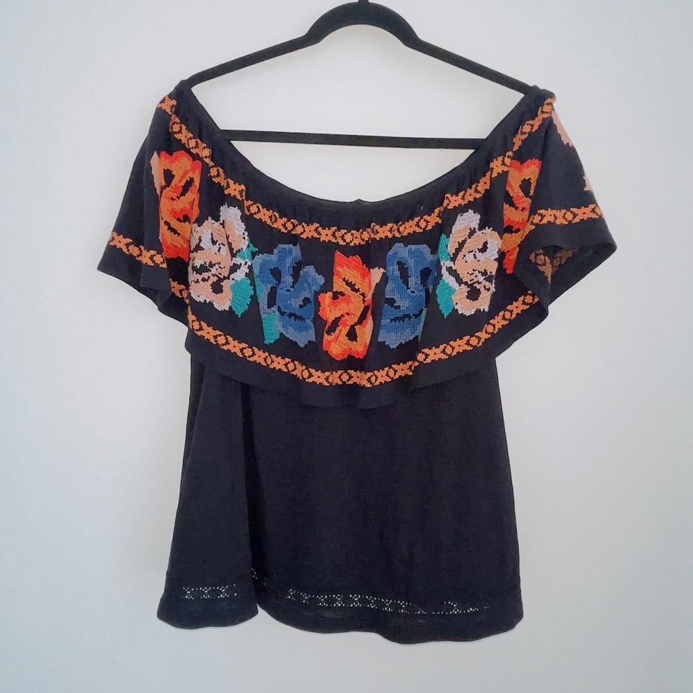Free People Boho Women Off Shoulder Embroidered Peasant Top L Blk Floral Ruffle